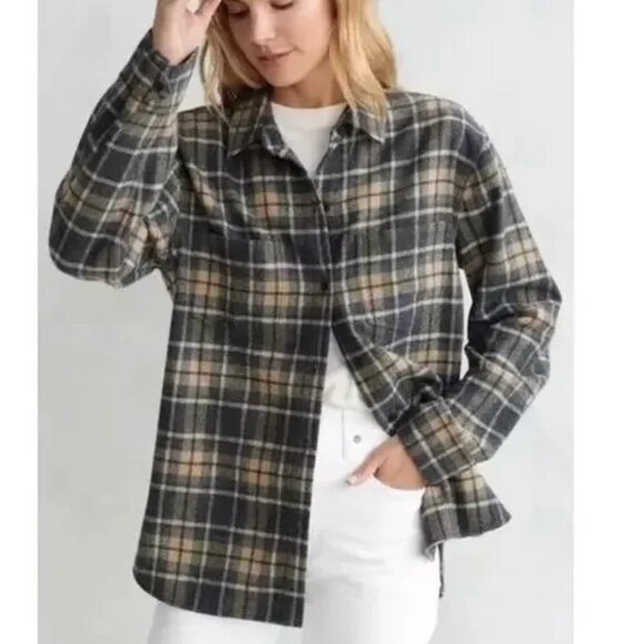 Jenni Kayne O'Keefe Plaid Wool Blend Shacket Flannel Button Up Shirt Size Large - Picture 1 of 7